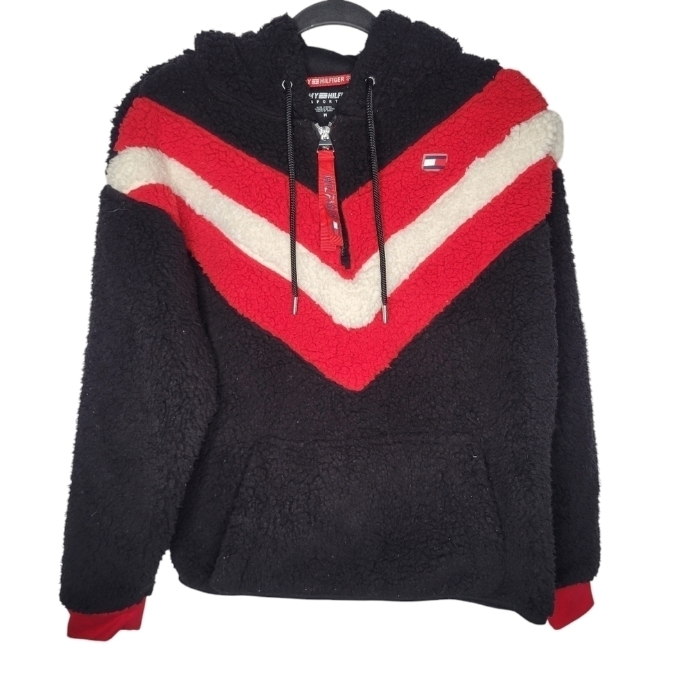 Tommy Hilfiger Sports Chevron Sherpa Fuzzy Fleece Quarterzip in Black Red Sz M